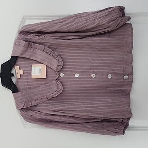NWT Charmed Hearts Blouse Women's Medium Cropped Purple Striped Button Shirt